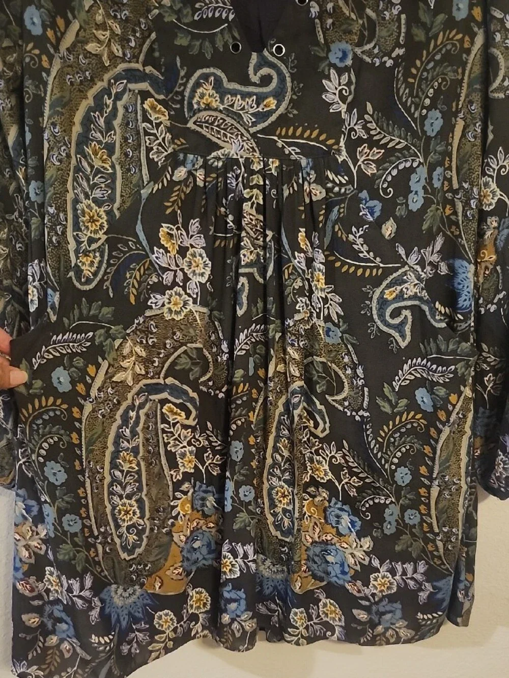 Free People Black Paisley Mini Dress with Blue & Olive Floral Motif